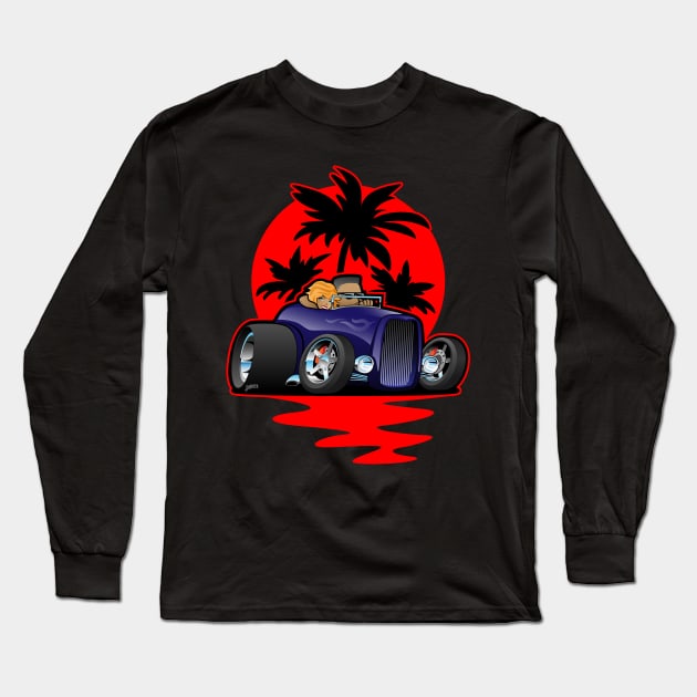 Hot Rod Couple Cruise at Sunset with Palm Trees Car Design Long Sleeve T-Shirt by hobrath